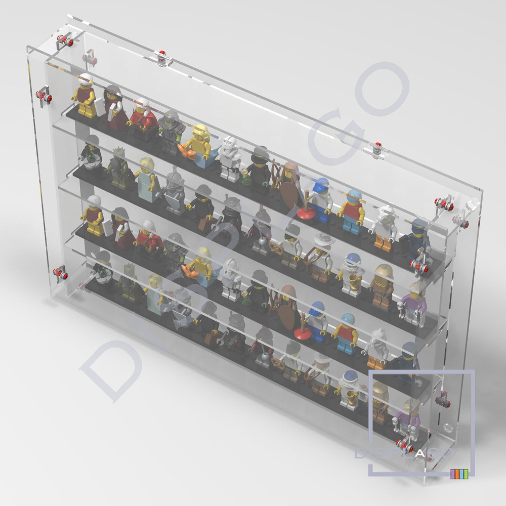 Wall mounted 100 LEGO® minifigures display case. Show case. Display case