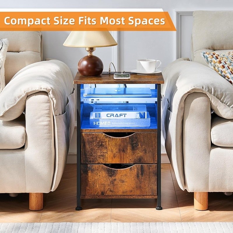 End Table W/ Charging Station LED Light 2 Drawers Nightstand Slim Side Table New