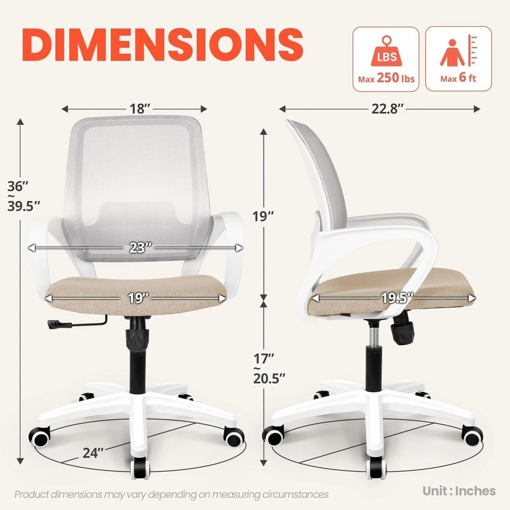 Adjustable Height Rolling Office Chair with Lumbar Support - Comfy Beige Design