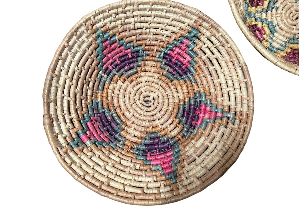 Vintage Pair of Hand Woven Star Pattern Baskets Boho Wall Decor
