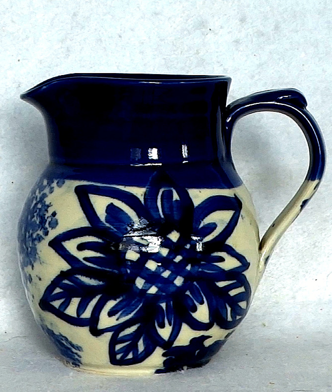 Blue and While Stoneware Artisan Pitcher Signed