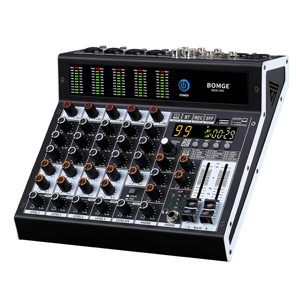 6Channel Audio Mixer with 99 DSP Effects, Bluetooth, USB, and Phantom Power