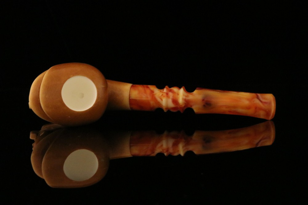 srv - Skull smoking a Pipe Block Meerschaum Pipe with custom case M2181