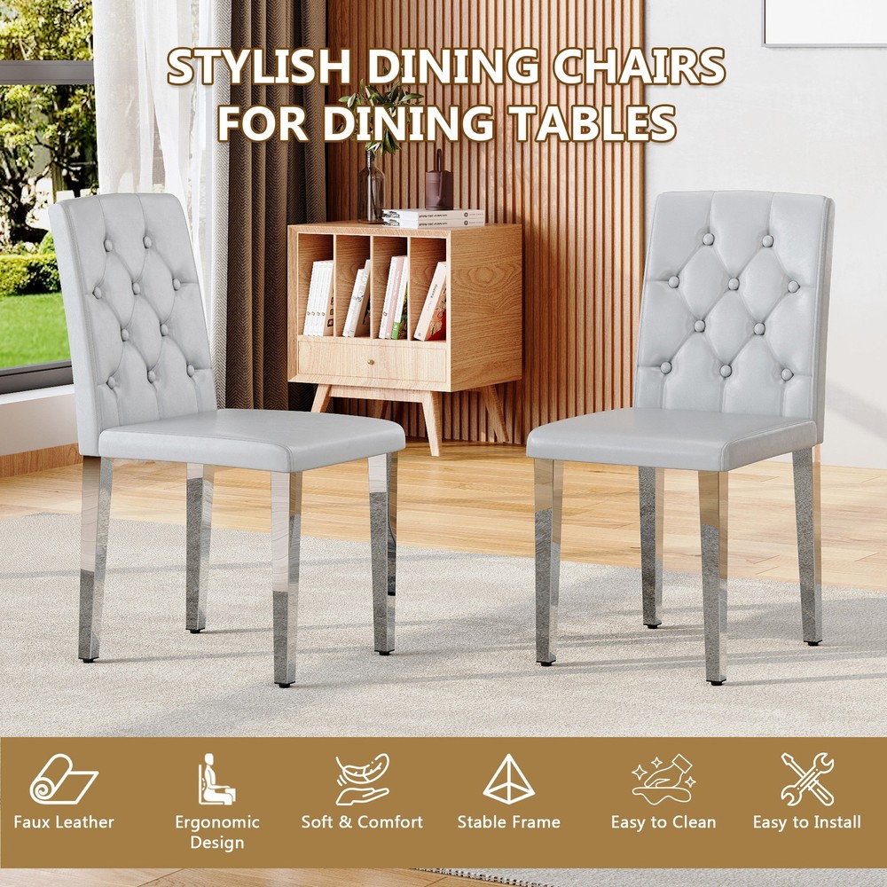 2-piece set of light grey PU dining chairs: ergonomically designed buckle back
