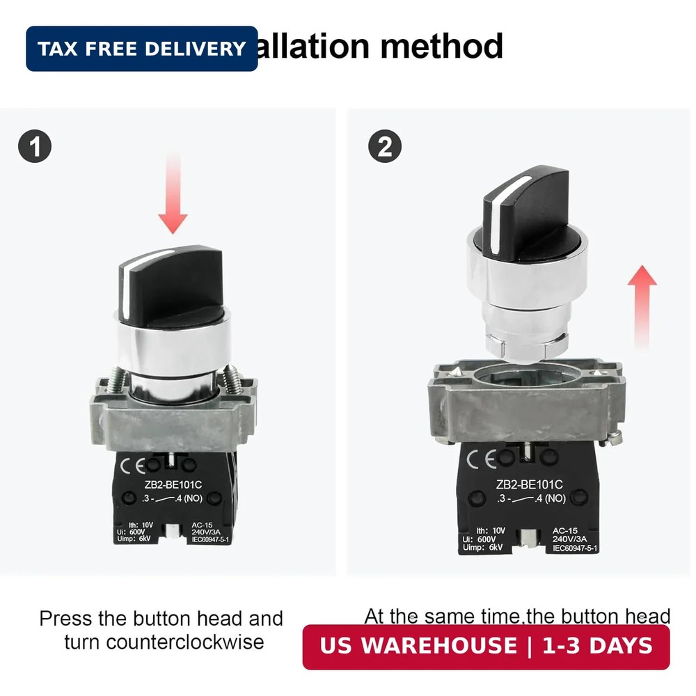 2Pack Black 3-Position Selector Switch 2NO Metal Head Switch Ith: 10A, Ui: 600V,