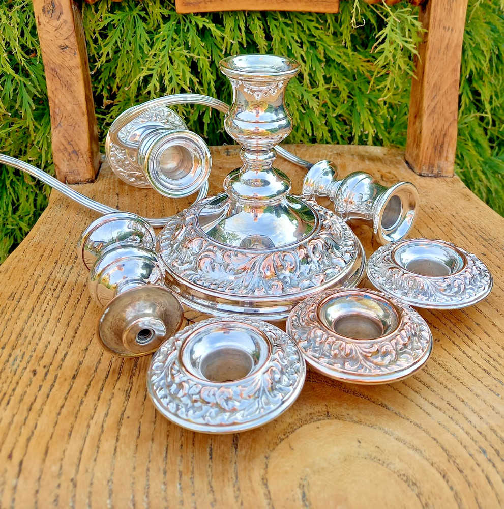 Antique Silver Plate on Copper Three Arm Candelabra