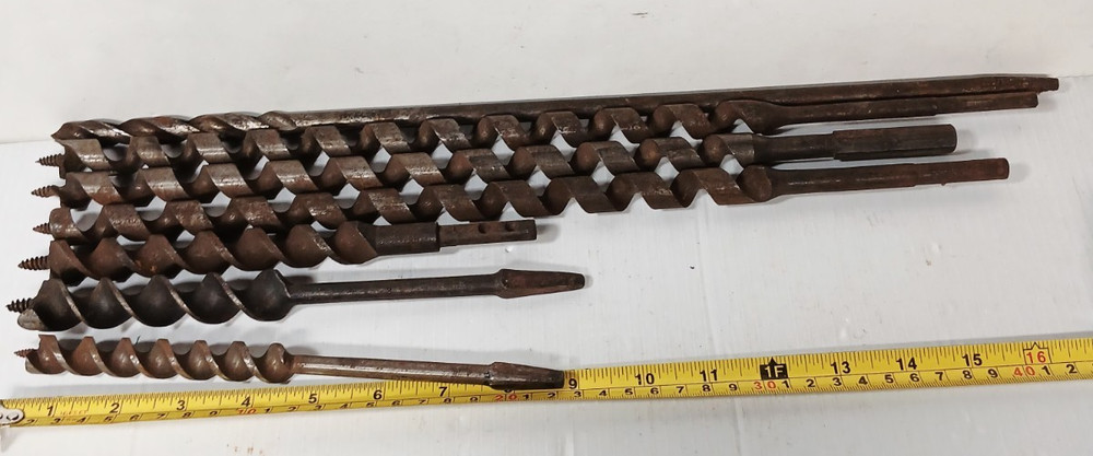 (6) Large Long Antique Auger Drill Bits Woodworking Tools, 9"-17"