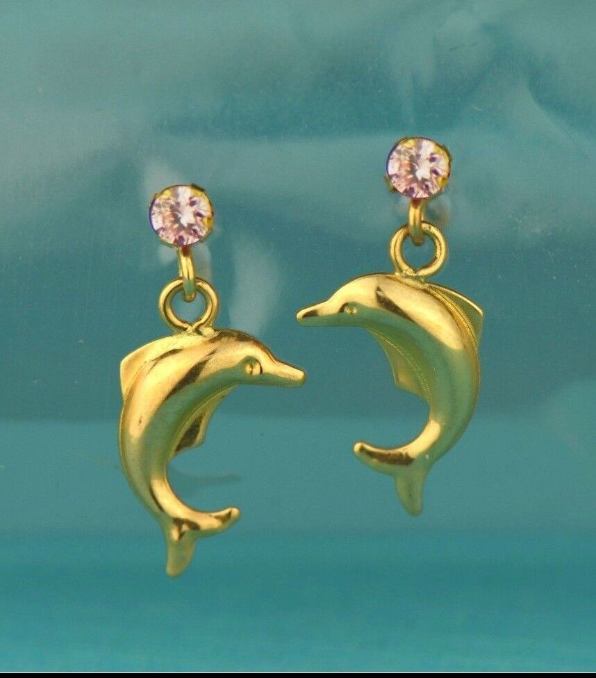 14k Yellow Gold CZ Dolphin Stud Earring