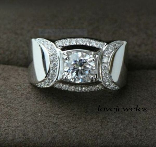 Men's Engagement Wedding Ring 925 Silver 2.2CT Lab-Created Round Cut Diamond