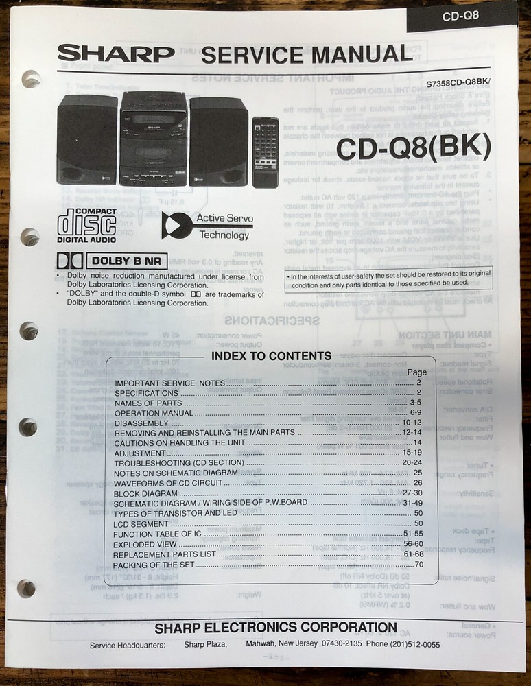Sharp CD-Q8 Stereo  Service Manual *Original*