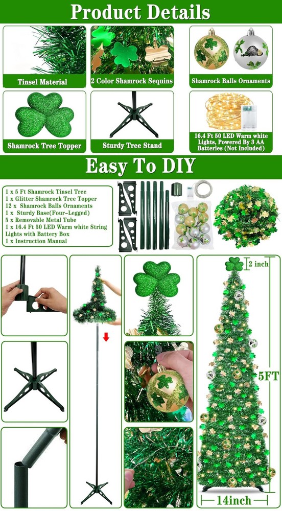 Timer & Shamrock - St Patricks Day Decorations, 5Ft Lighted St Patricks Day T...