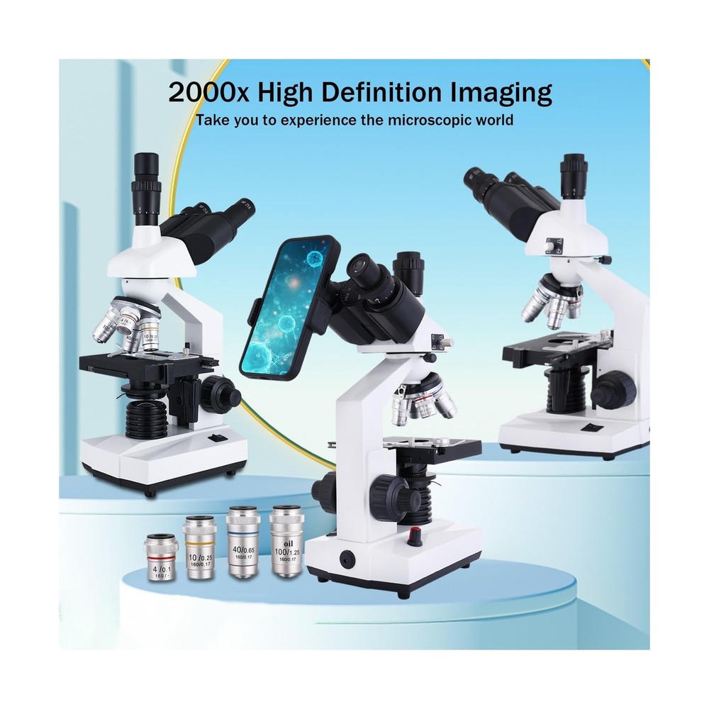 Compound Trinocular Microscope, 40X-5000X Magnification, Research Grade Profe...