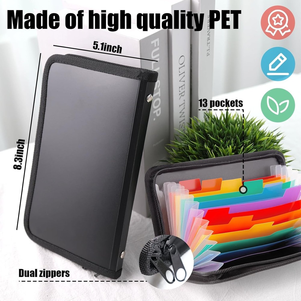 Koogel Expanding File Folder, 13 Pockets Small Accordion Medium, Black