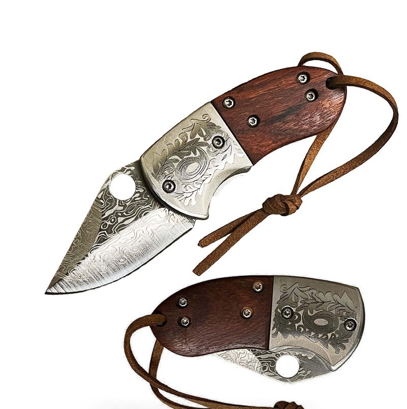 Wood Handle Damascus Etched Mini Folding Chubby Pocket Knife
