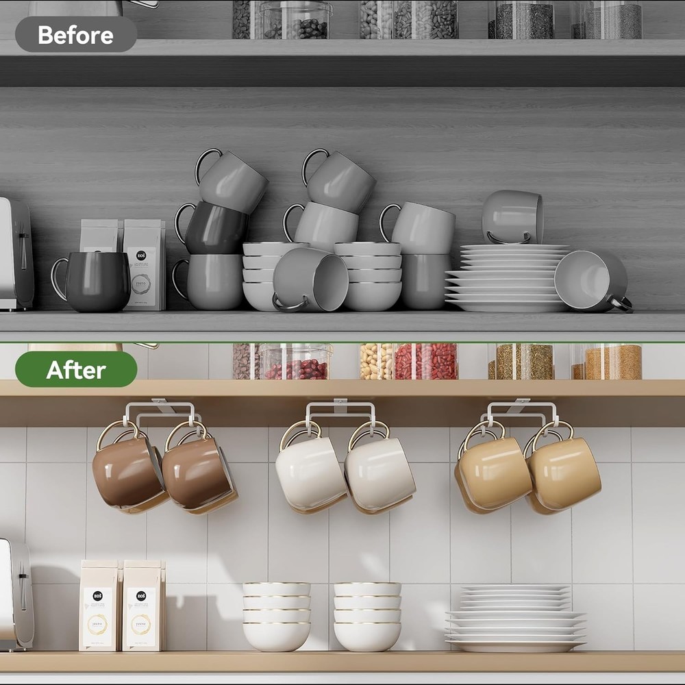 Mug Hooks Under Cabinet Space-Saving, Metal Coffee Cup Hooks 3 Pack, Sturdy M...