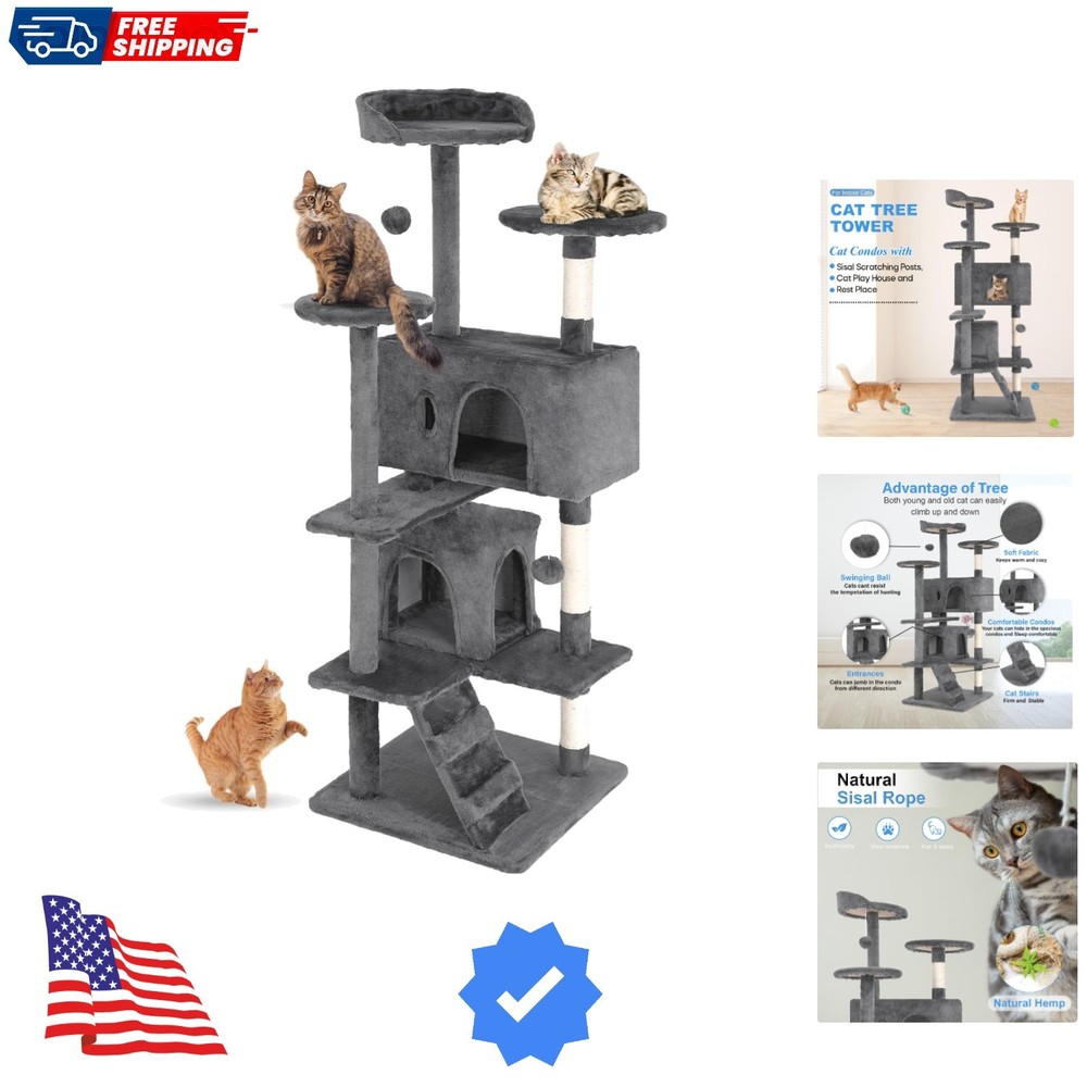 54" Cat Tree Tower | Light Gray | Multi-Level Indoor Activity Center with Sis...