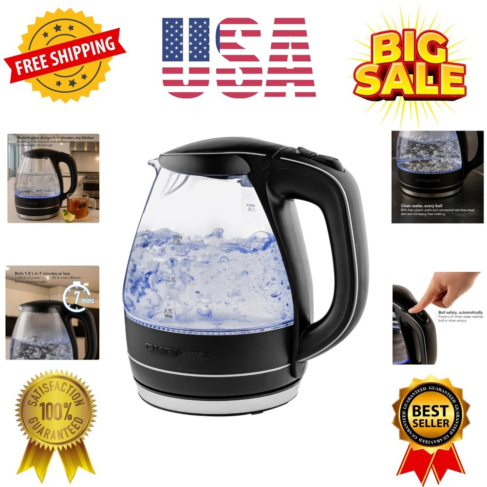 Electric Kettle, 1.5L Borosilicate Glass Countertop Water Heater and Boiler f...