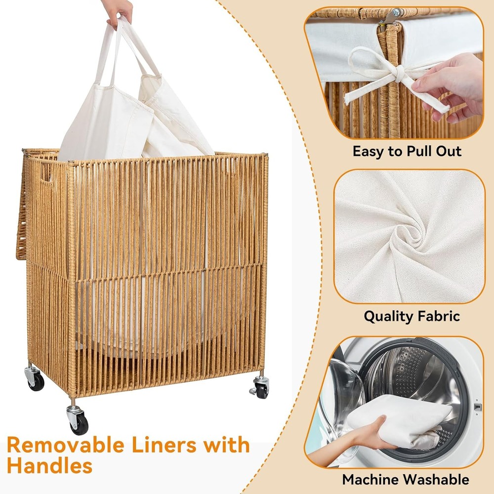 Handwoven Rolling Laundry Basket with Lid, with Divided Removable Liner Bag