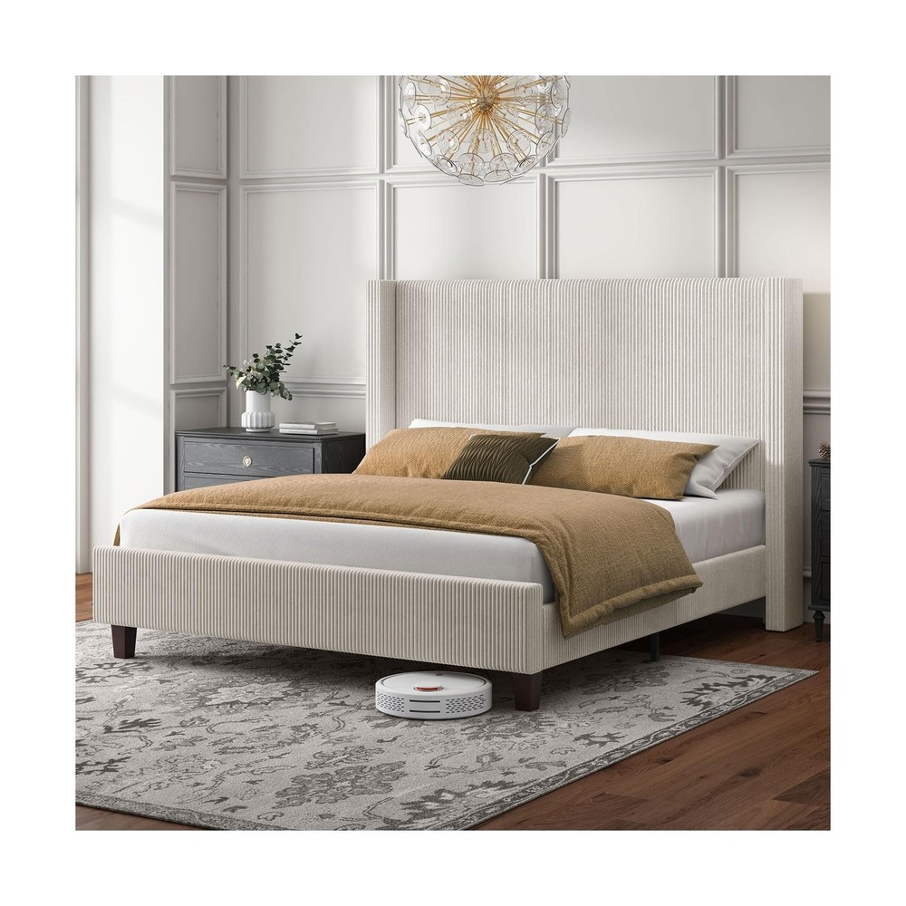 HOWE King Size Upholstered Platform Bed Frame, Wingback Bed with 50.8" Headbo...