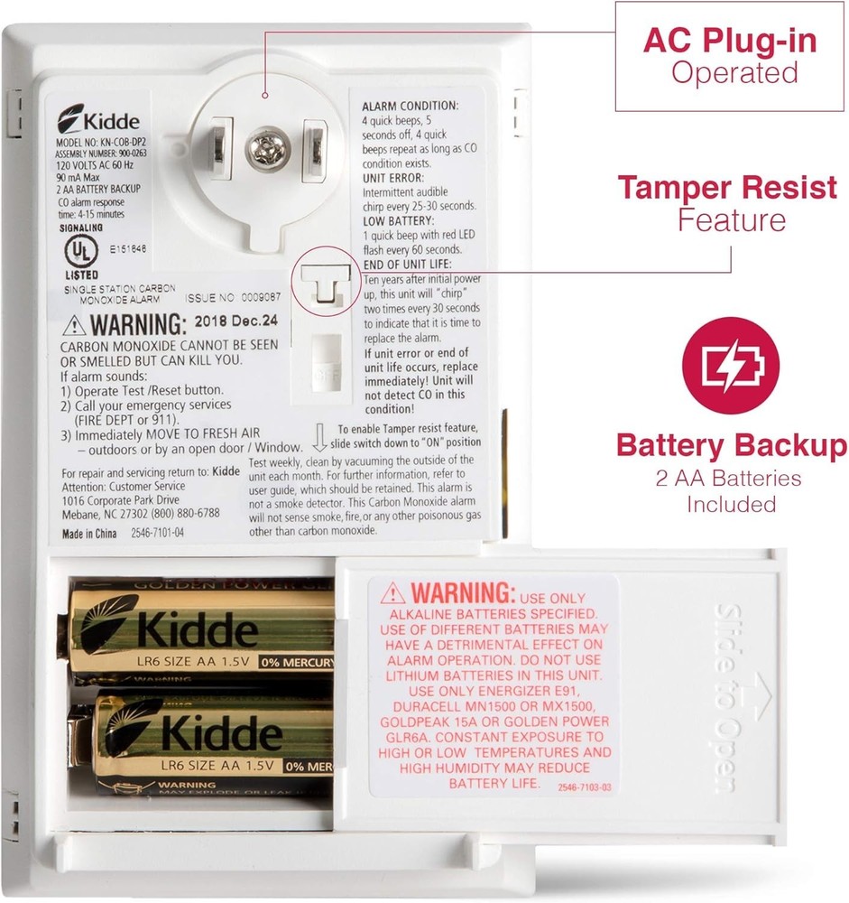 Kidde Carbon Monoxide Detector, Plug in Wall with AA Battery Backup, Test-Hush