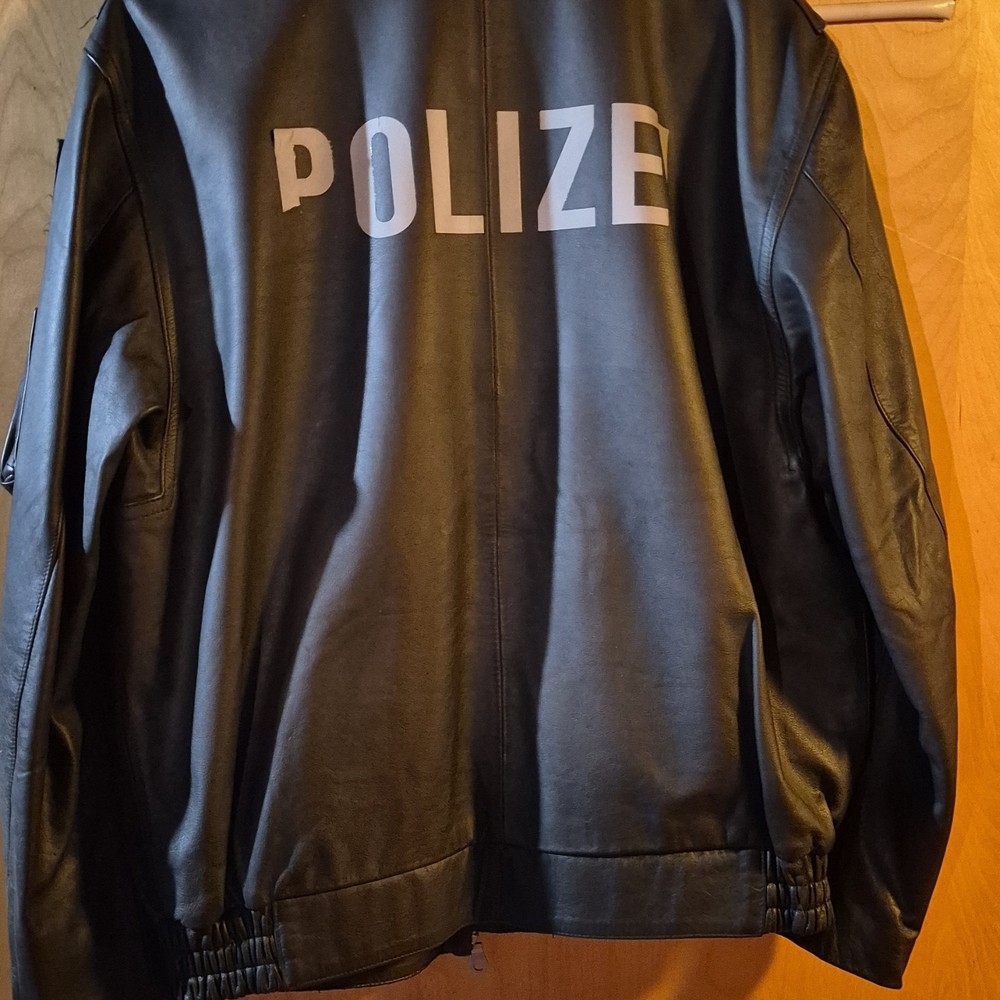 Police Black Leather Jacket with "POLIZEI" Back Print & Sleeve Patch