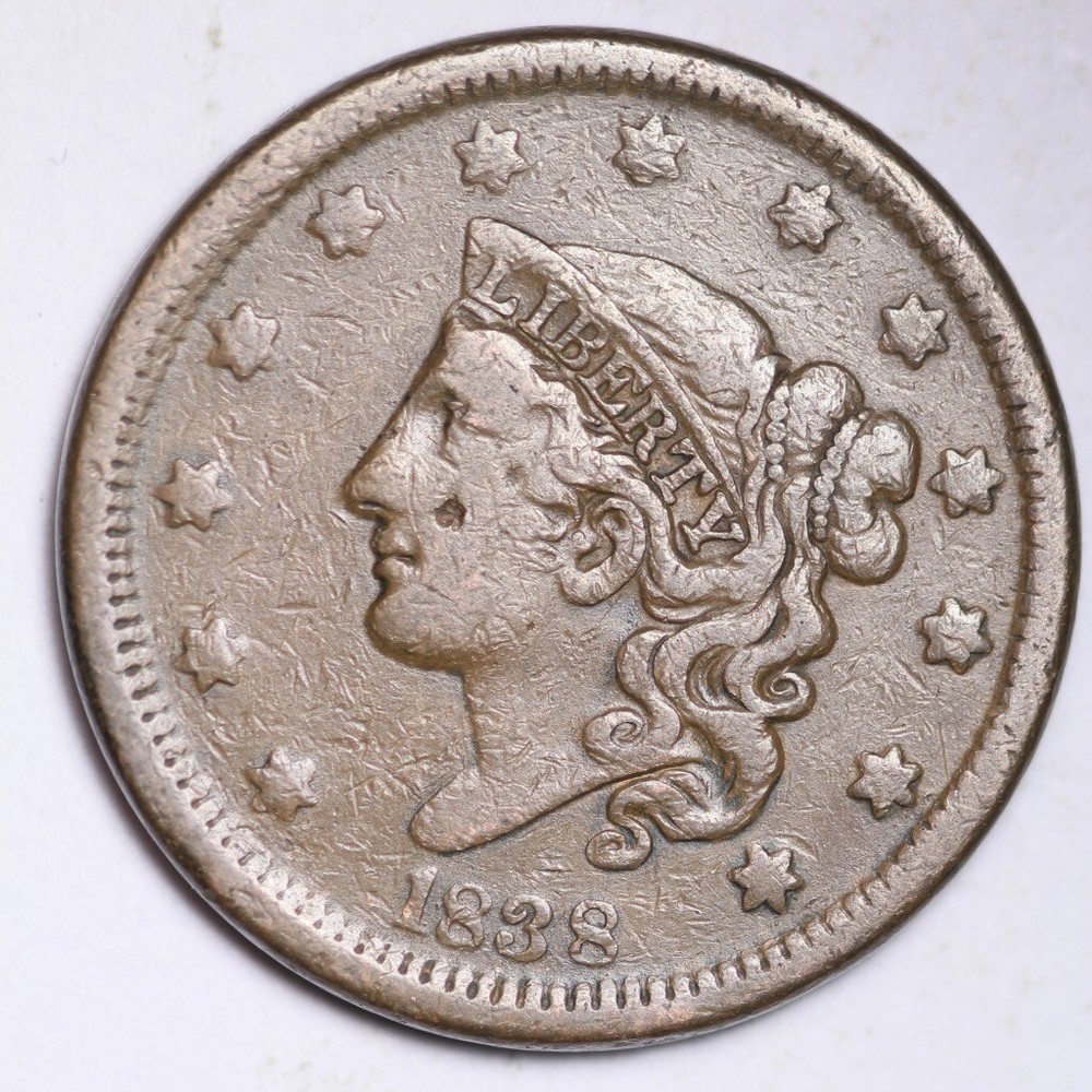 1838 Coronet Head Large Cent CHOICE VF FREE SHIPPING E217 T