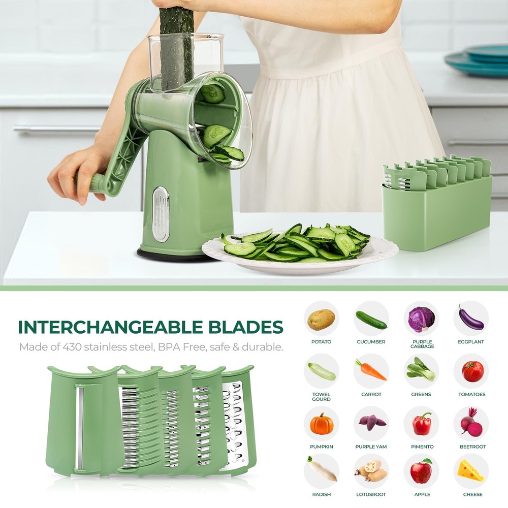 SUSTEAS Rotary Cheese Grater with Handle - Vegetable Shredder Medium, Green