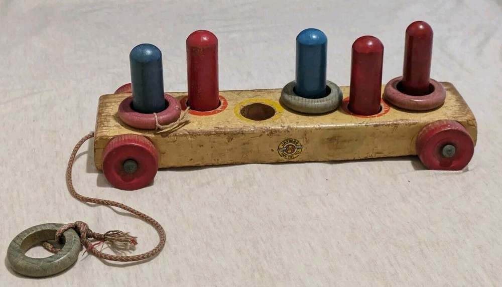 Vintage Jaymar Wooden Ring Toss Pull Toy