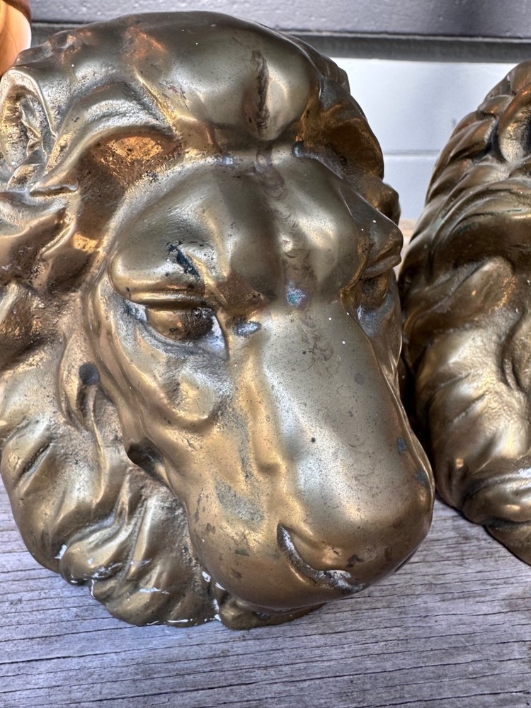 Solid Brass Lion Head Bookends Pair Heavy Vintage Hollywood Regency