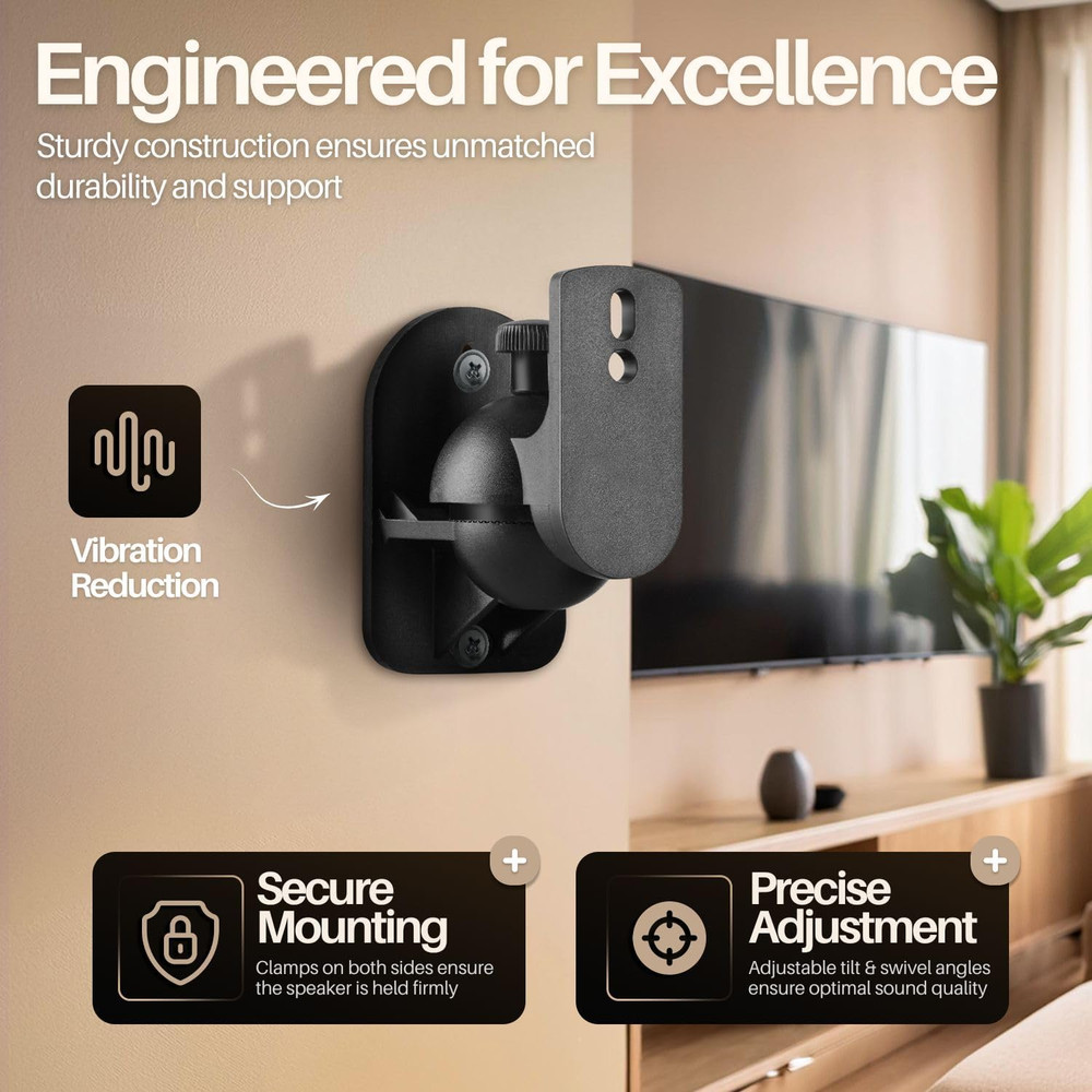 TNP Universal Satellite Speaker Wall Mount Bracket - 2 Pack, Black