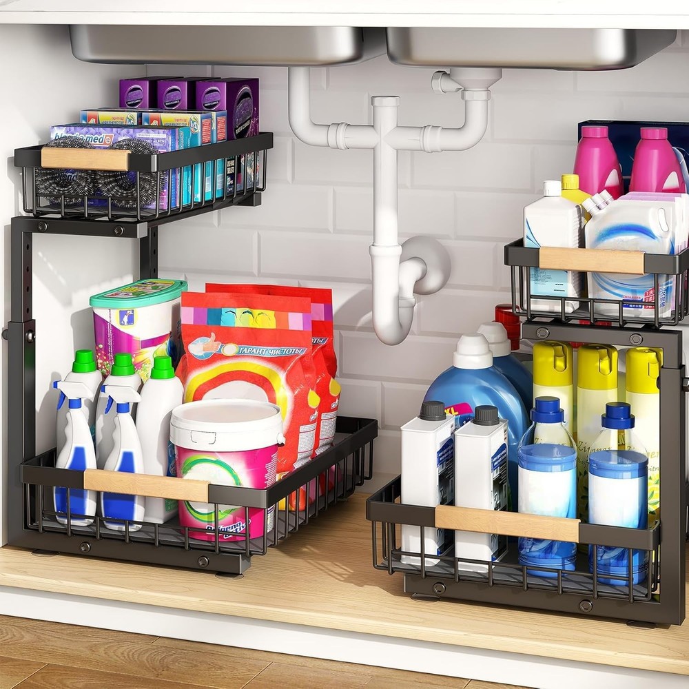 Under Sink Organizer Adjustable Height 2 Tier Pull Out Under Cabinet Organizer