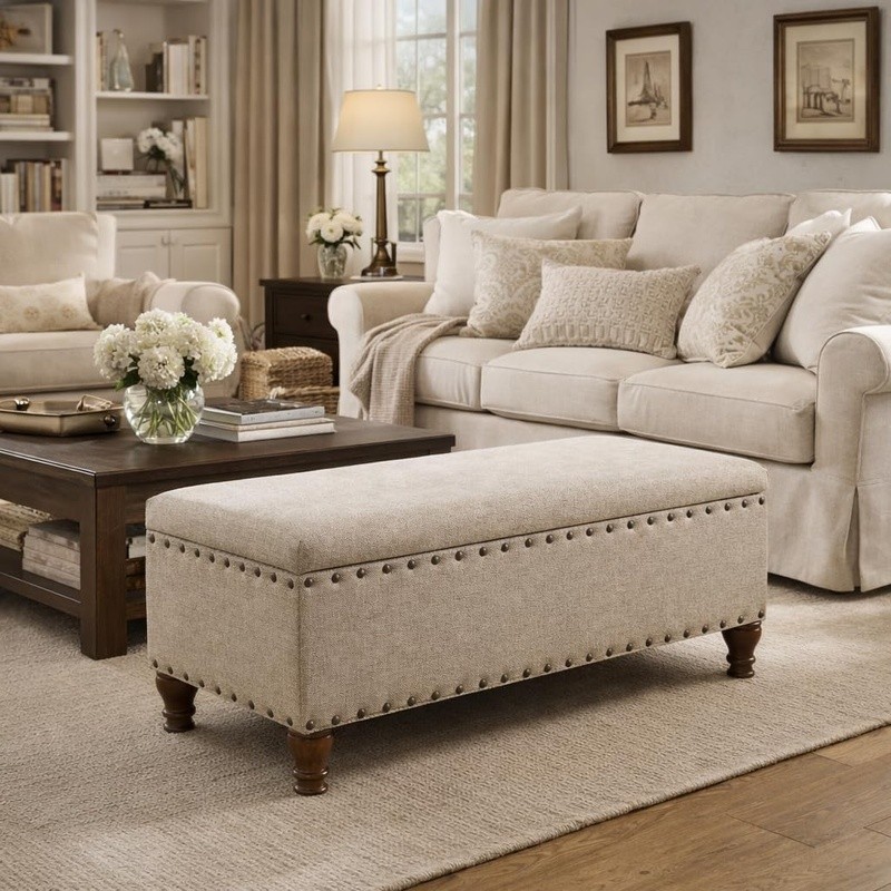 Storage Ottoman Bench Upholstered Rectangular Coffee Table Living Room New