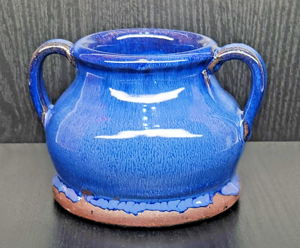 Double Handle Blue Drip Glaze Pottery Vase 3.75" Tall