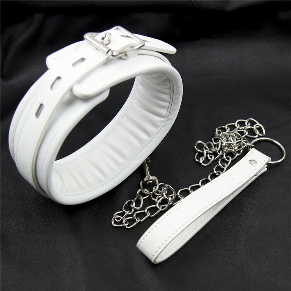 BDSM White Neck Collar With Chain Soft PU Leather Lockable Cosplay Slave Bondage