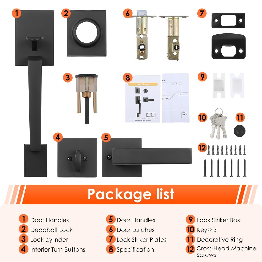 Haidms Black Front Door Handle Square with Deadbolt, Matte