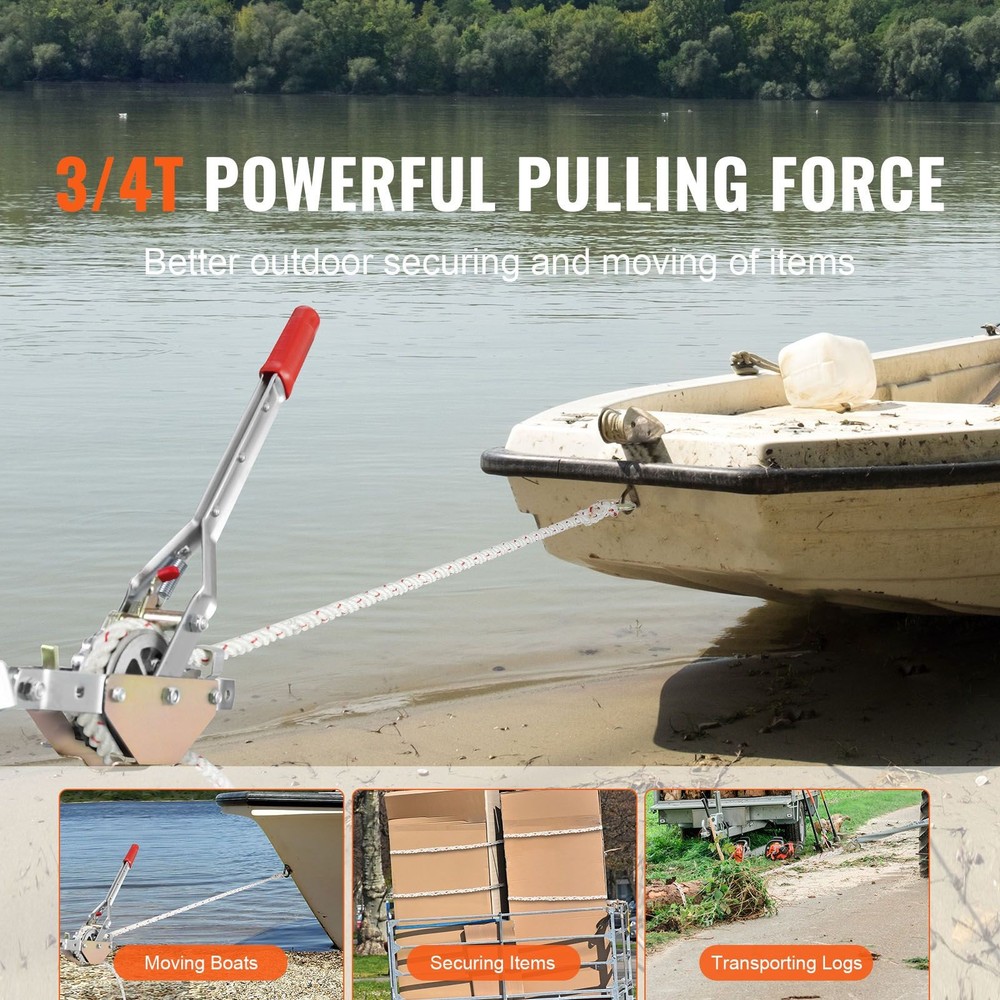 3/4 Ton Rope Puller w/ 100ft 0.6" Polyester Rope & Dual Hooks