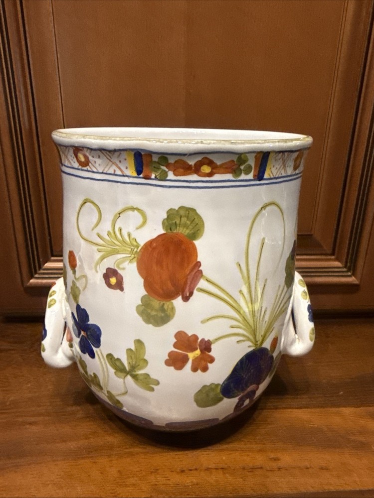 Vintage Blue Carnation Faenza Pottery Planter Cache Pot Italy