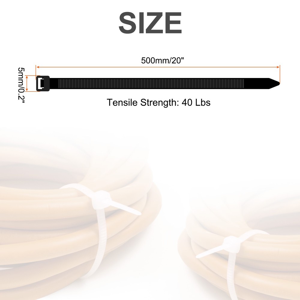 200pcs 20" 40 Lbs Cable Zip Ties Self-Locking Extra Long Nylon 3/16", Black