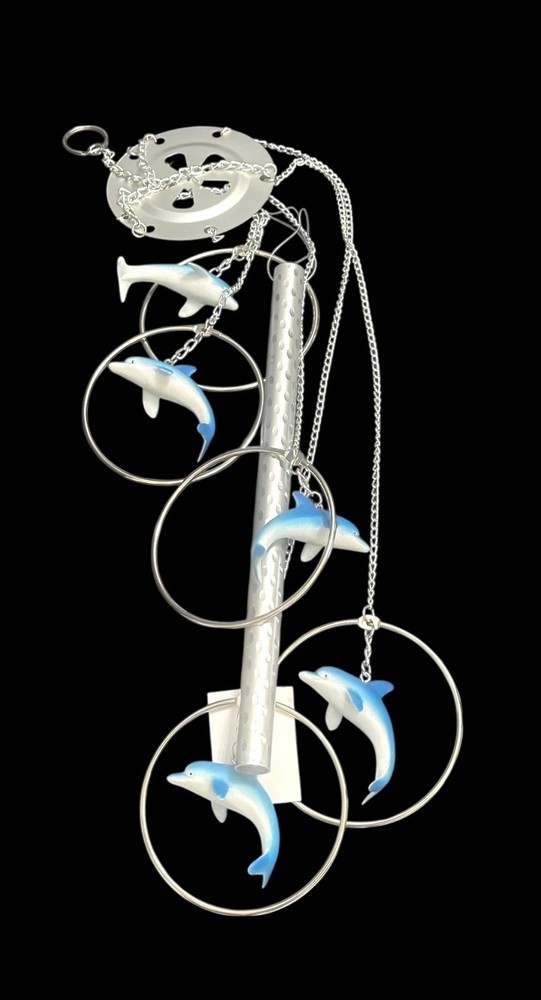 Wind Chime- DOLPHINS- five circles with blue & white dolphins- one chime