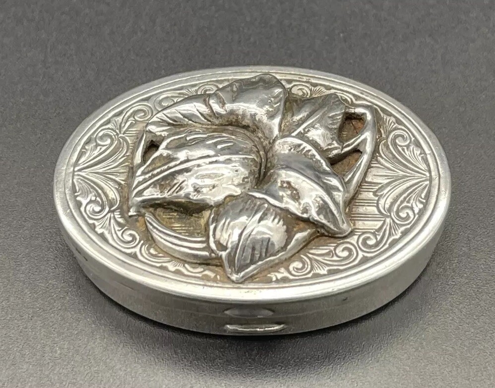 Sterling Silver Pill /Trinket Box Raised Floral Decoration