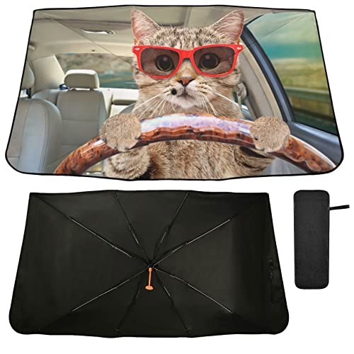 Fun Cute Cat Driving Windshield Sun Shade Umbrella Foldable Car Front multi 24
