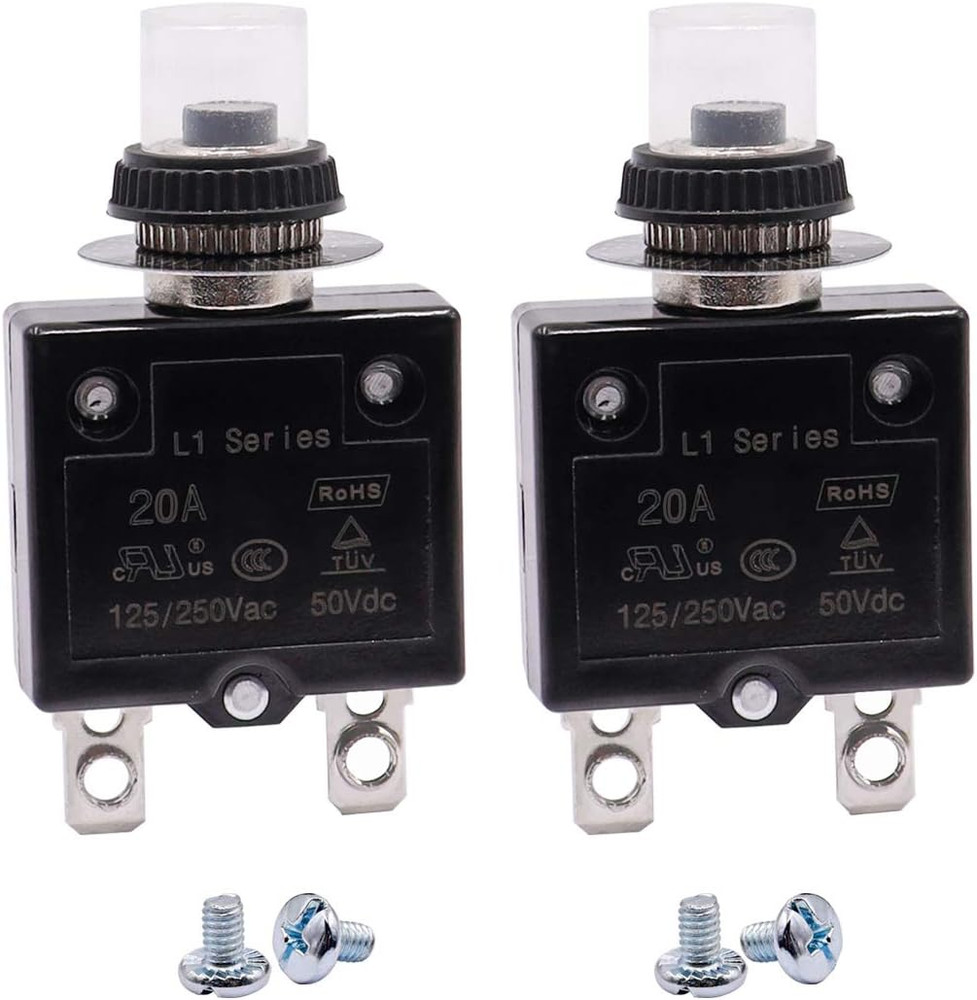 Mxuteuk 2Pcs 20Amp Circuit Breakers Push Button Manual Reset 125/250V AC 50V DC,