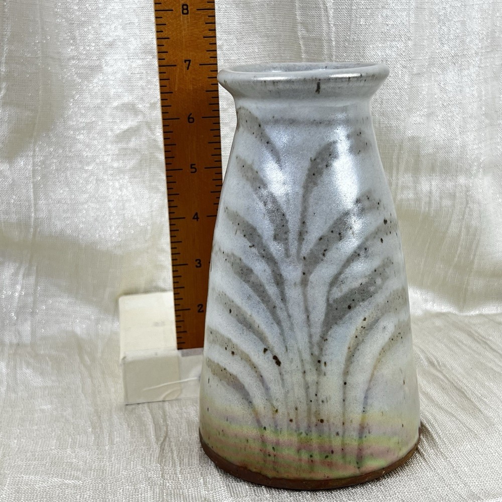 Signed FP Studio Pottery Vase Iridescent Glaze Carved 7”