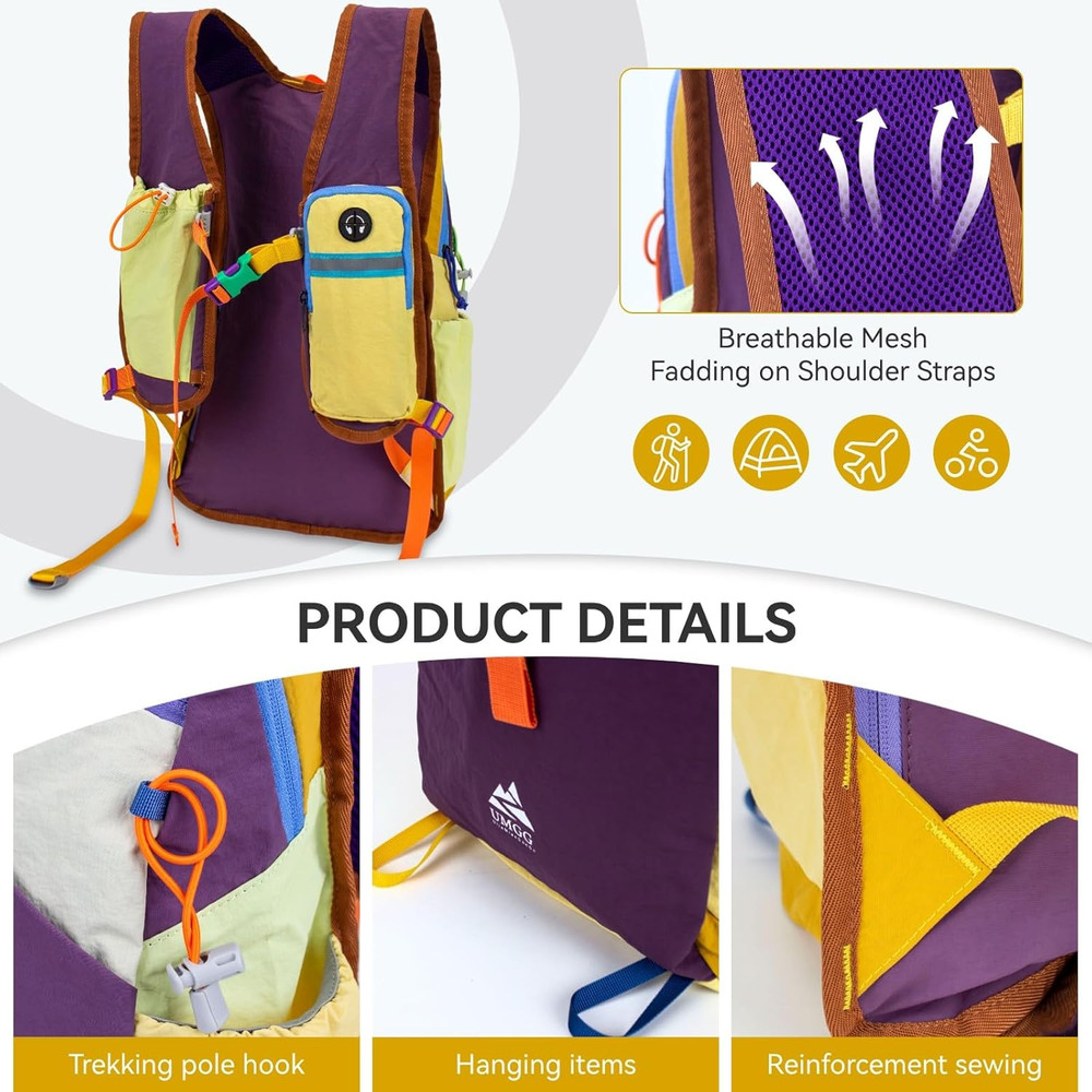 15L Small Hiking Backpack Travel Daypack Colorful Lightweight Packable Foldable