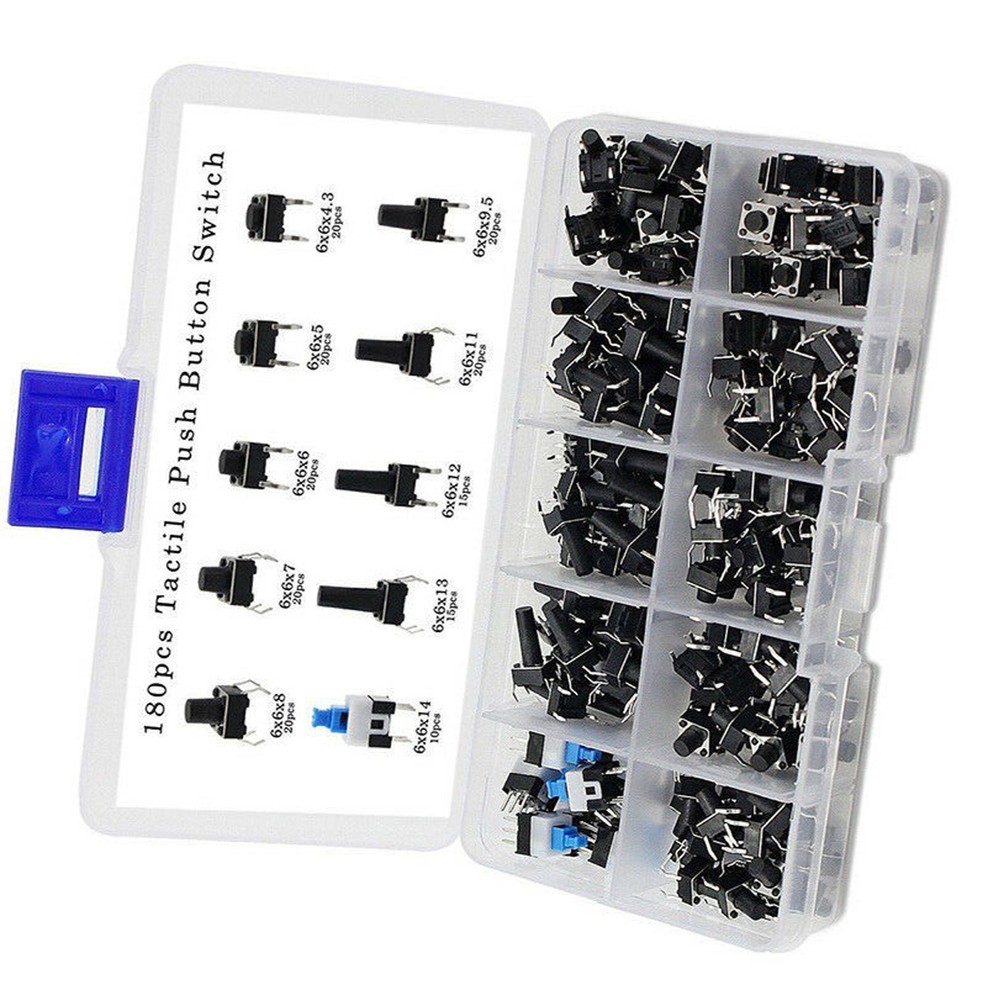 180PCS 10 Type 6X6 Light Touch Switch Push Button Switch Kit Assortment T2N9