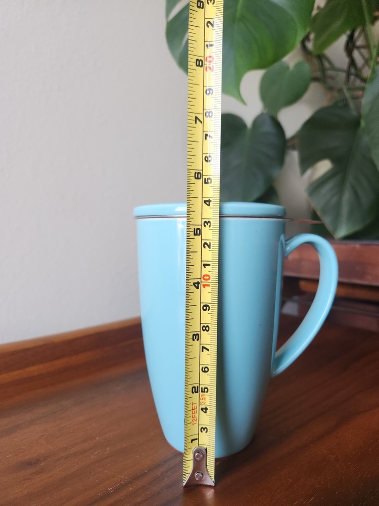 Sweese light teal blue ceramic 12 oz mug, cup with steeping tea basket & lid