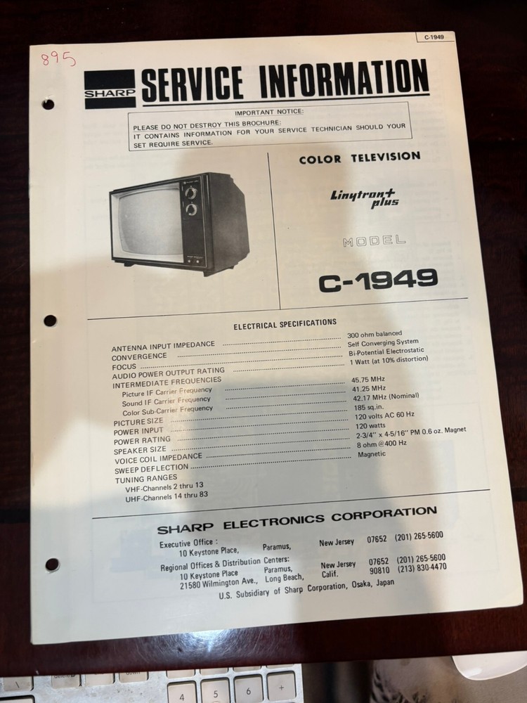ORIG. SHARP C-1949 C1949 TV Repair & Service Manual *ORIGINAL**