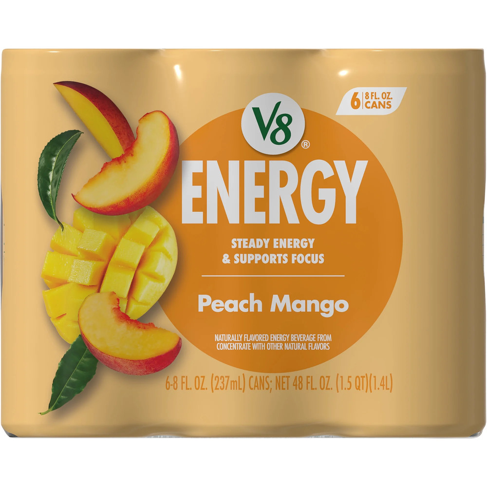 (4 Pack) V8 Energy Peach Mango Energy Drink, 8 Fl Oz Can, 24 Pack
