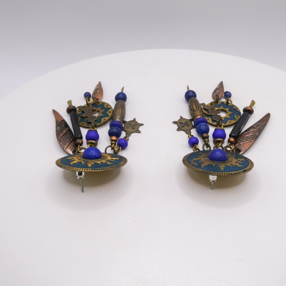 Native American Copper Katchina Turtle Drop Dangle Blue Sun 3.5" Earrings