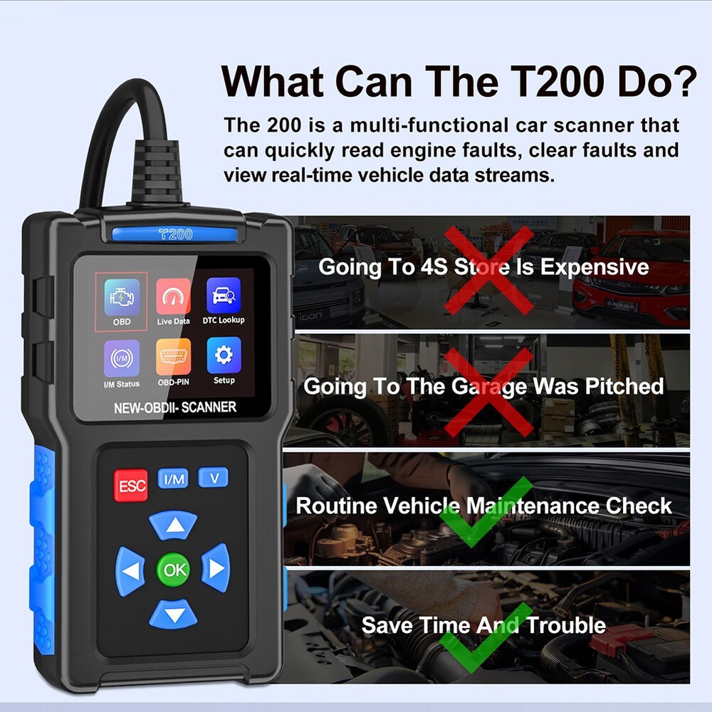 Code Reader Car Diagnostic Scan Tool Check Engine Fault T200 Car OBD2 Scanner US
